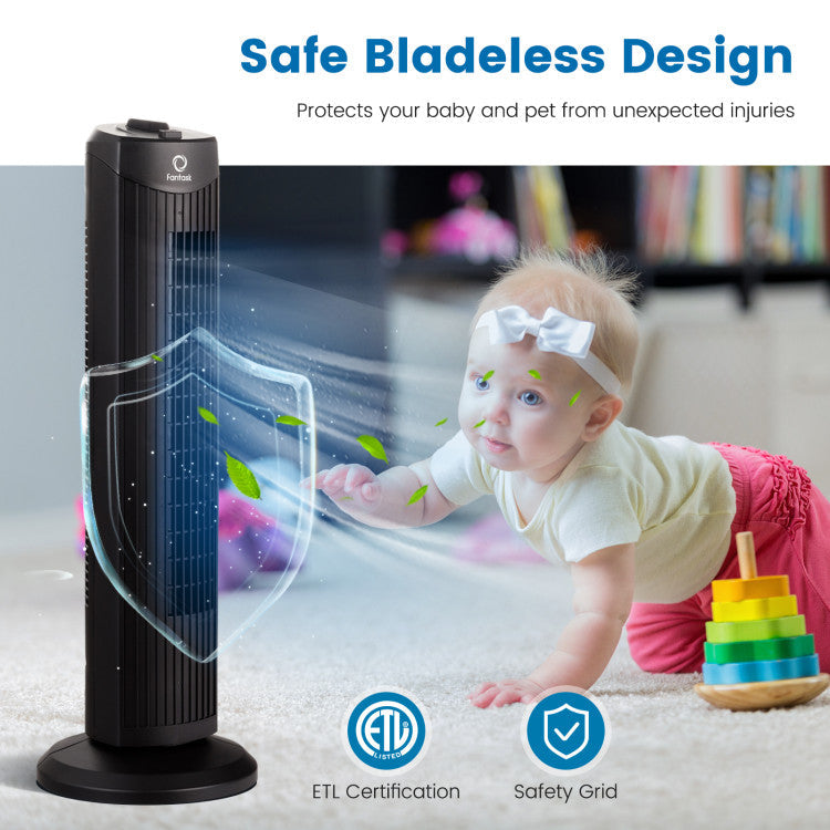 Quiet 35W Bladeless Fan – 28-Inch Oscillating Tower Design for Safe & Stylish Cooling | Whisper Breeze | For Daily Indoor Comfort