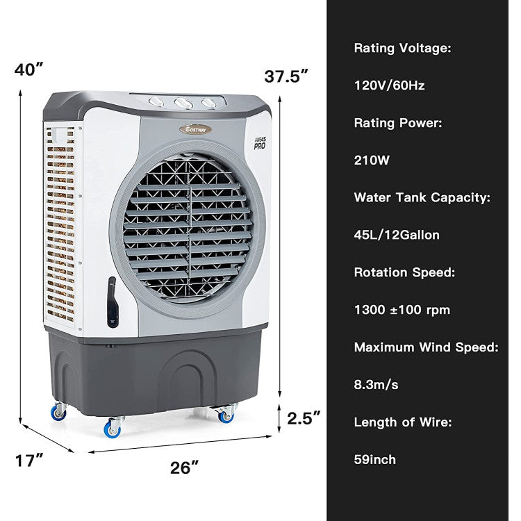 Industrial Evaporative Cooler – 4-in-1 Air Fan with 12-Gallon Water Tank & Easy-Roll Wheels | High Volume Flow | For Workshops & Garages