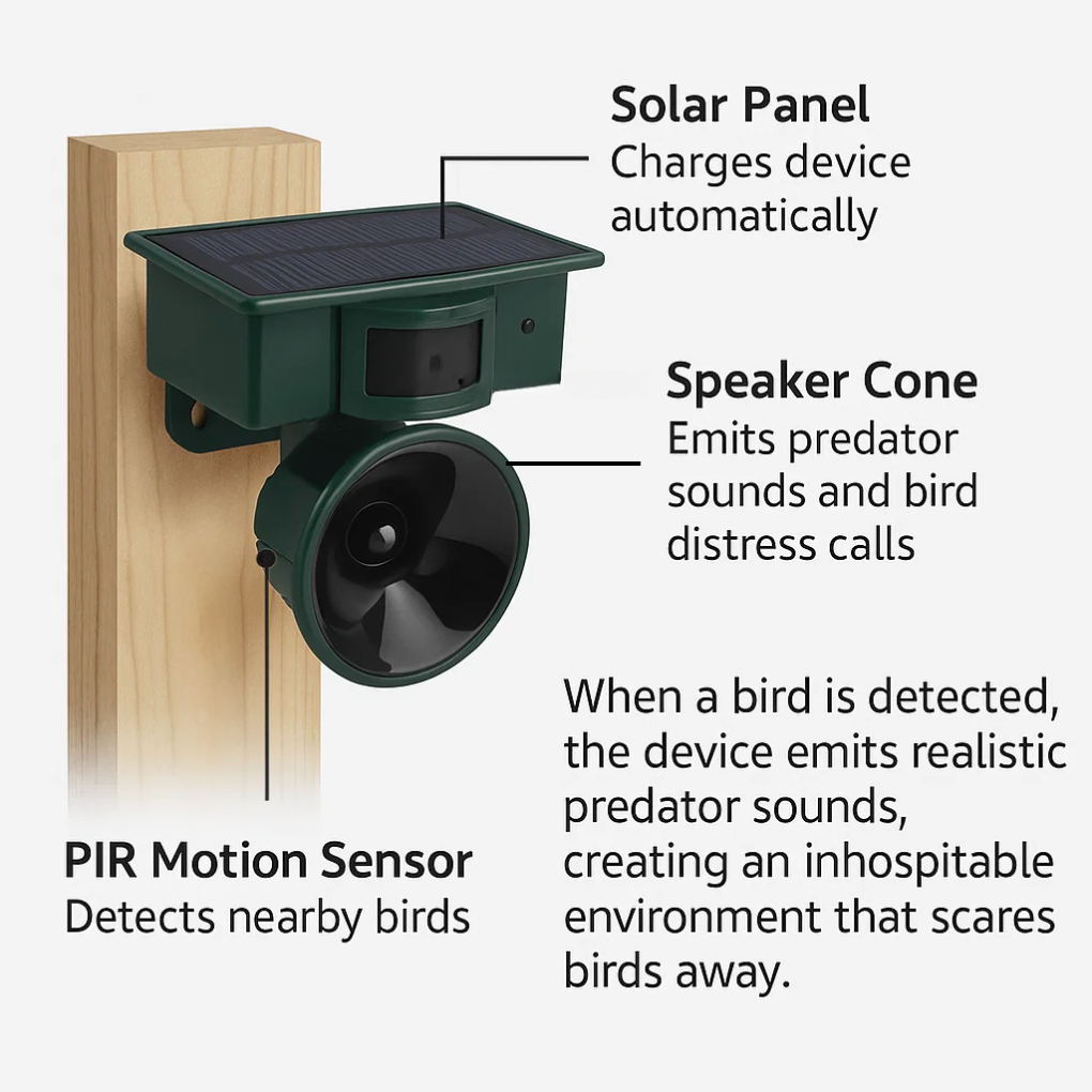 Birdguard Sensor – Motion-Activated Bird Repeller for Quiet Outdoor Spaces