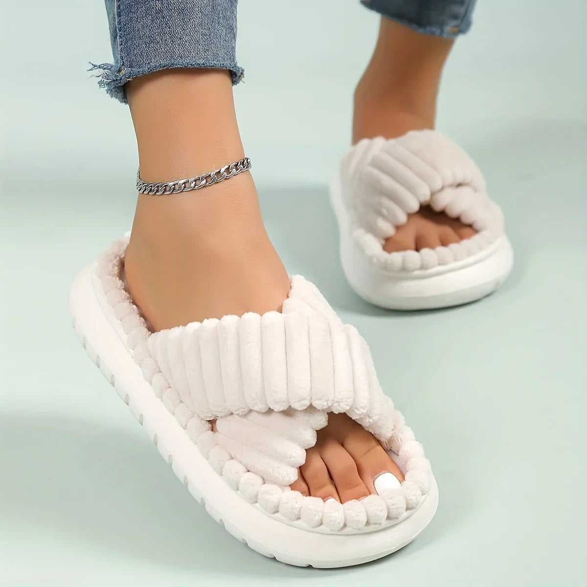 Women’s Plush Cross-Band Slippers with Open Toe and Soft Cushion Sole