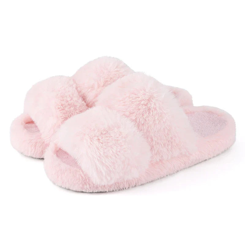 Women's Open Toe Plush Slippers with Adjustable Strap and Soft Sole