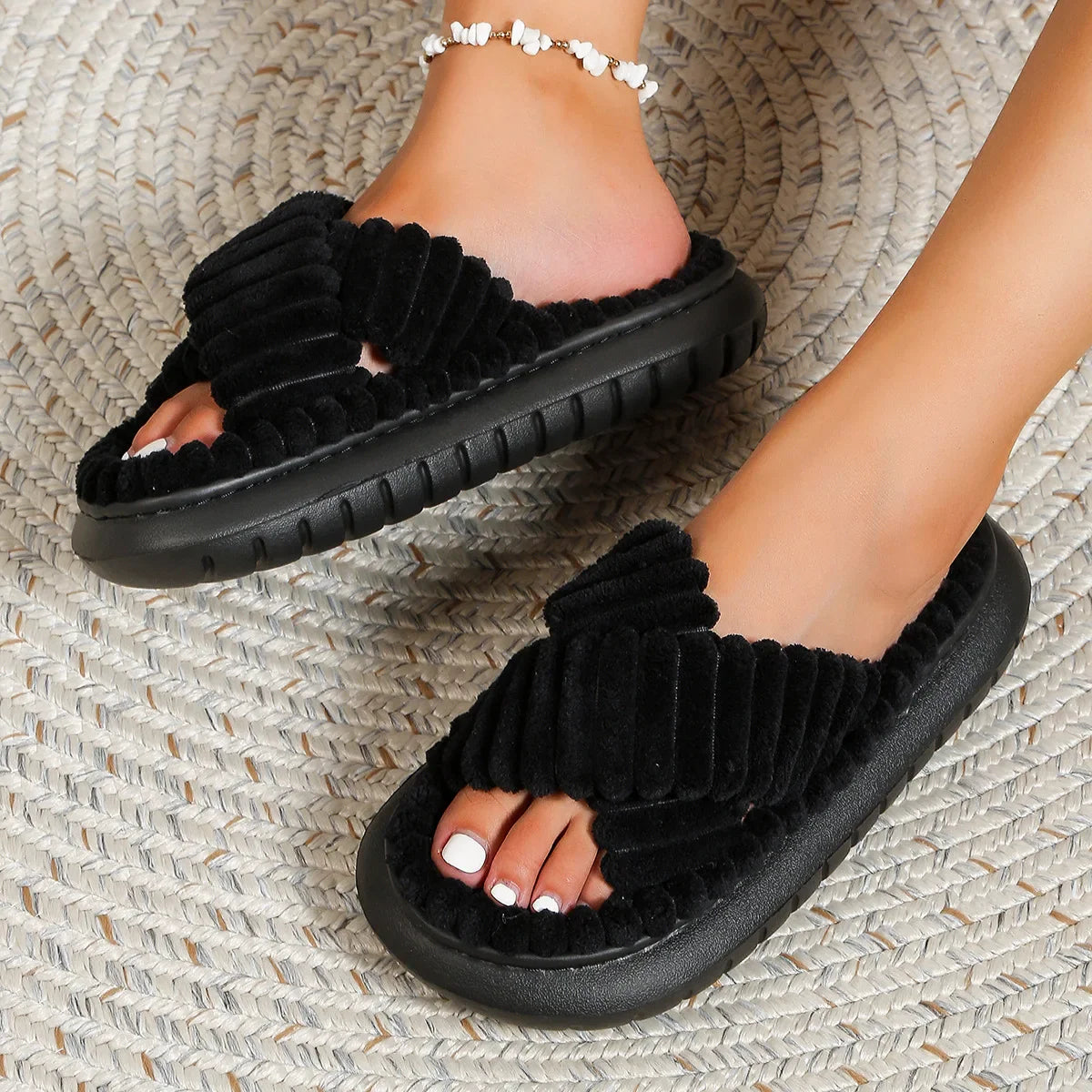 Women’s Plush Cross-Band Slippers with Open Toe and Soft Cushion Sole