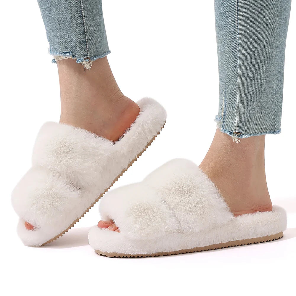 Women's Open Toe Plush Slippers with Adjustable Strap and Soft Sole