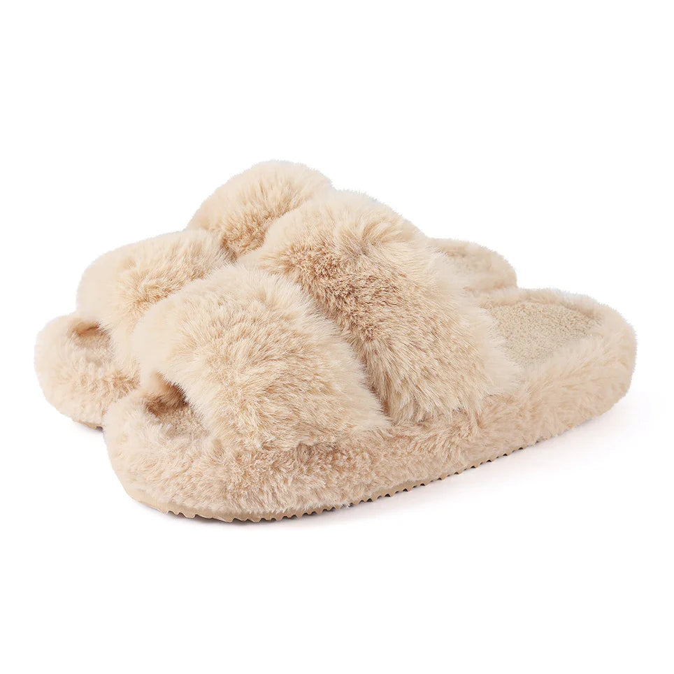 Women's Open Toe Plush Slippers with Adjustable Strap and Soft Sole