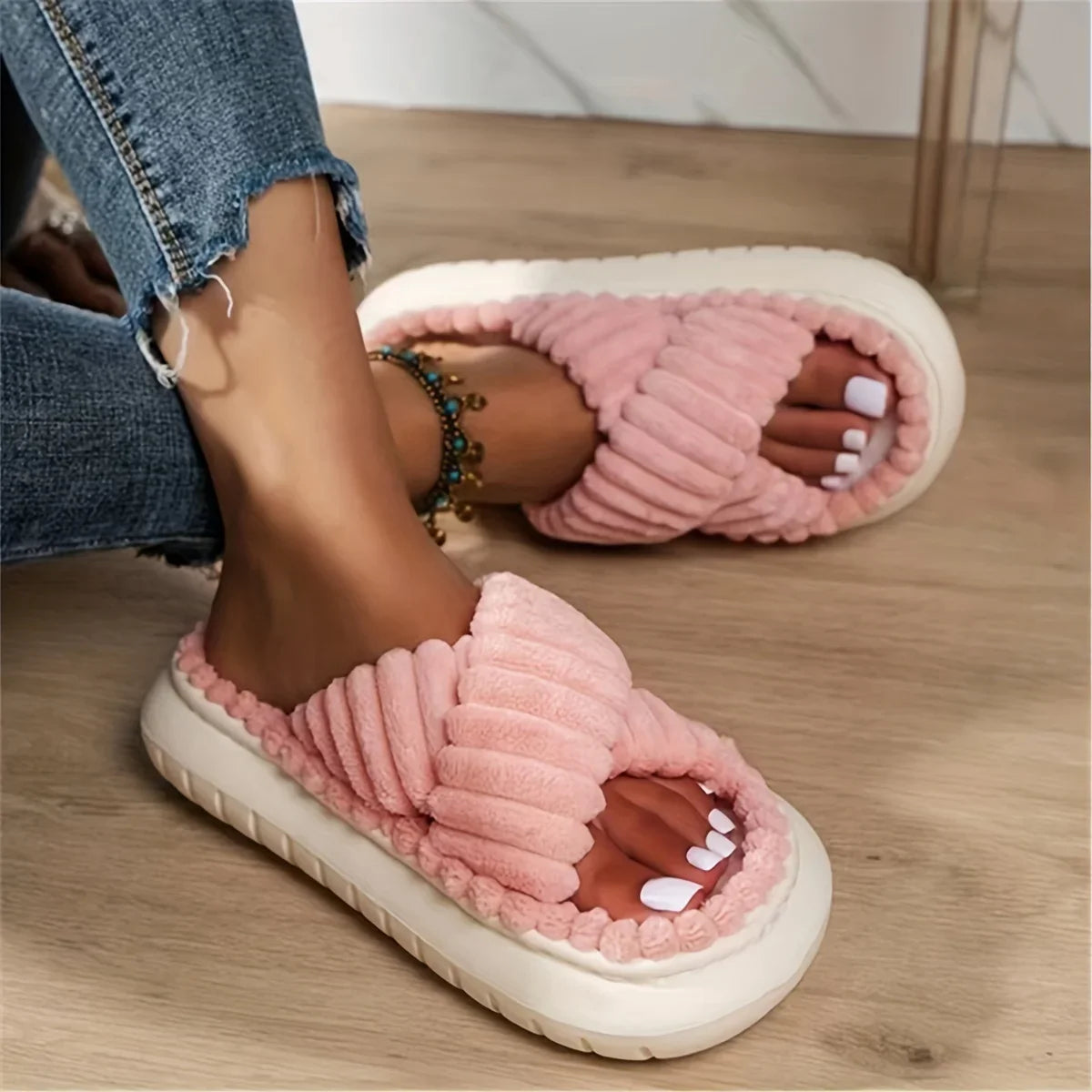 Women’s Plush Cross-Band Slippers with Open Toe and Soft Cushion Sole