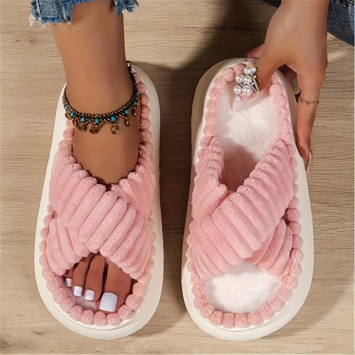 Women’s Plush Cross-Band Slippers with Open Toe and Soft Cushion Sole