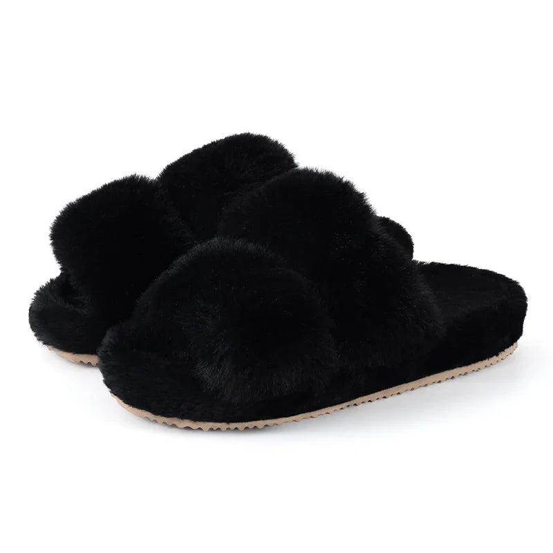 Women's Open Toe Plush Slippers with Adjustable Strap and Soft Sole