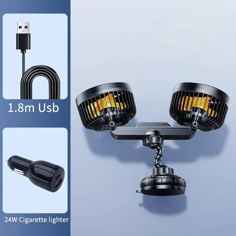 Car Dual Head Fan With Powerful Suction Cup
