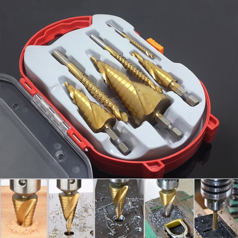 Drill Bit Set – 6-Piece Titanium-Coated Step & Toothed Bits for Wood, Plastic & Metal