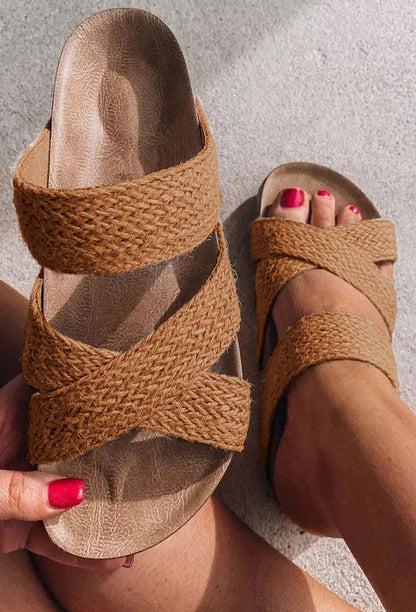 Women's Wedge Slide Sandals with Crossed Hemp-Style Braided Straps