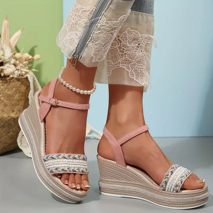 Women's Wedge Sandals with Braided Strap and Ankle Buckle