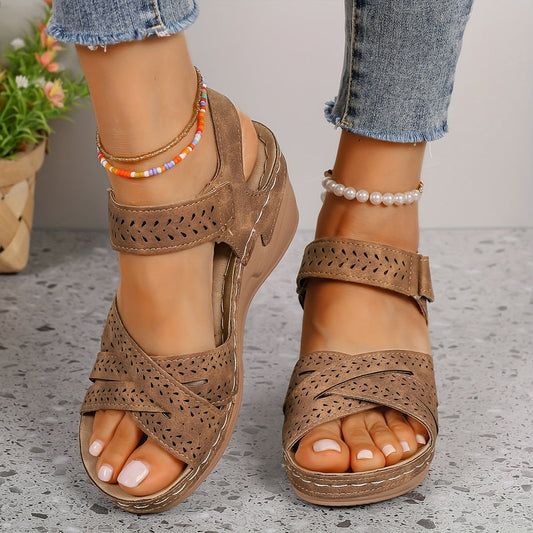 Women's Wedge Sandals with Adjustable Strap and Cutout Detailing