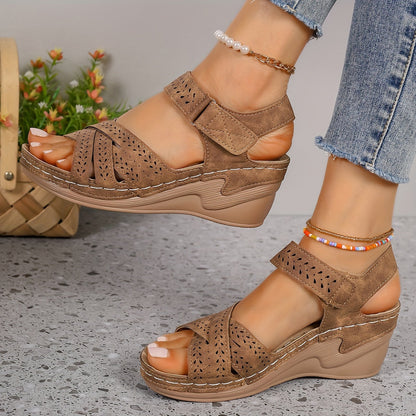 Women's Wedge Sandals with Adjustable Strap and Cutout Detailing