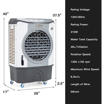 Industrial Evaporative Cooler – 4-in-1 Air Fan with 12-Gallon Water Tank & Easy-Roll Wheels | High Volume Flow | For Workshops & Garages