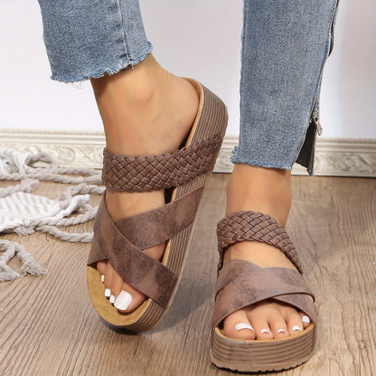 Women's Slip-On Wedge Sandals with Braided Crossover Straps