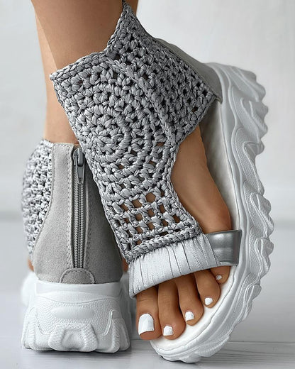 Women's Platform Sandals with Crochet Knit Upper and Open Toe