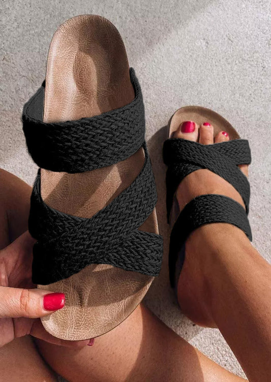 Women's Wedge Slide Sandals with Crossed Hemp-Style Braided Straps