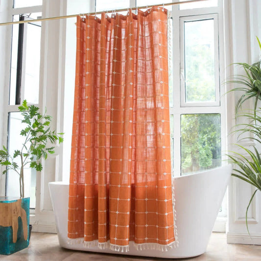 Cottonhaven – Cotton Shower Curtain with Fringes and Linen Texture