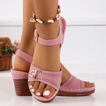 Women's Open-Toe Block Heel Sandals with Buckle and Cutout Design