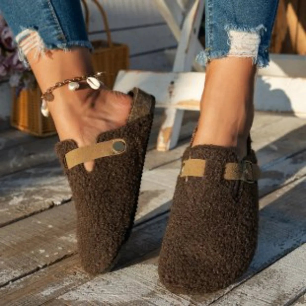 Women's Slip-On Slippers with Buckle Detail and Cozy Soft Comfort