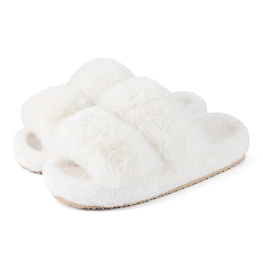 Women's Open Toe Plush Slippers with Adjustable Strap and Soft Sole