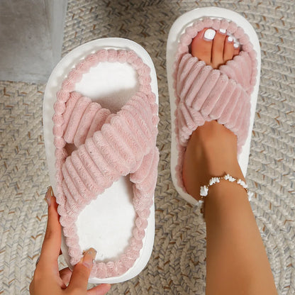 Women’s Plush Cross-Band Slippers with Open Toe and Soft Cushion Sole