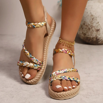 Women's Braided Strap Flat Sandals with Boho-Inspired Details