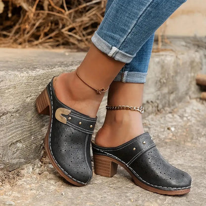 Women's Bohemian Block Heel Mules Sandals with Cut-Out Floral Detail