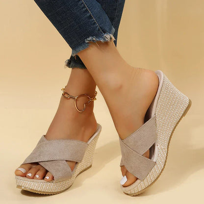 Women's Cross-Strap Wedge Sandals with Elegant Detailing