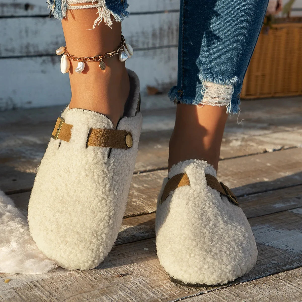 Women's Slip-On Slippers with Buckle Detail and Cozy Soft Comfort