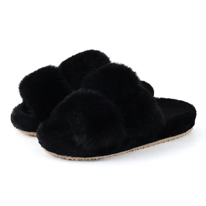 Women's Open Toe Plush Slippers with Adjustable Strap and Soft Sole