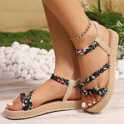 Women's Braided Strap Flat Sandals with Boho-Inspired Details