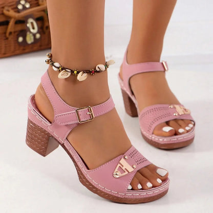 Women's Open-Toe Block Heel Sandals with Buckle and Cutout Design