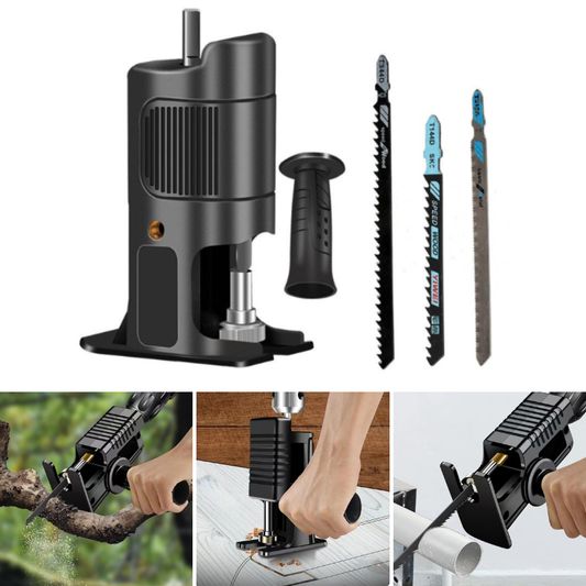 Recipo Saw Adapter – Drill-to-Saw Conversion Tool with 3 Blades for Wood, Metal & Plastic