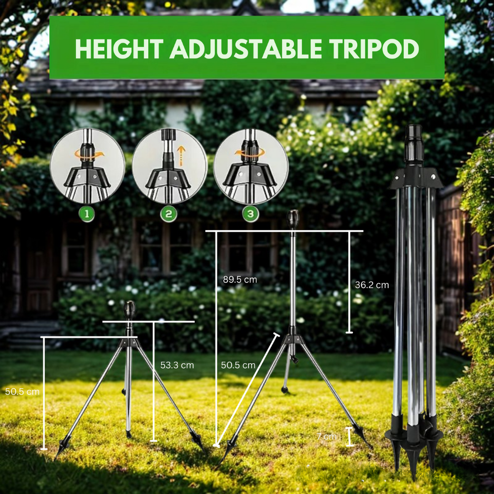Adjustable Rotating Irrigation Sprayer – 360° Stainless Steel Tripod