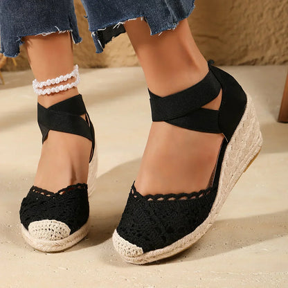 Women's Wedge Espadrille Sandals with Crochet Detail and Straps