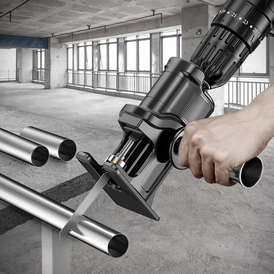 Recipo Saw Adapter – Drill-to-Saw Conversion Tool with 3 Blades for Wood, Metal & Plastic